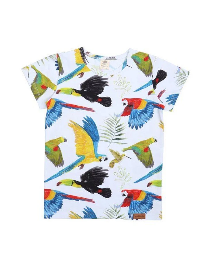 Baby T-Shirt GOTS zertifiziert Bio-Baumwolle, Blau, Regenwald-Vögel Muster, Walkiddy