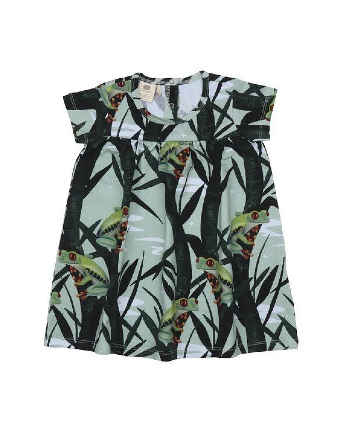 Kleinkinder Kleid GOTS zertifiziert, grün, Frosch-Allover, Kurzarm, weich – Walkiddy