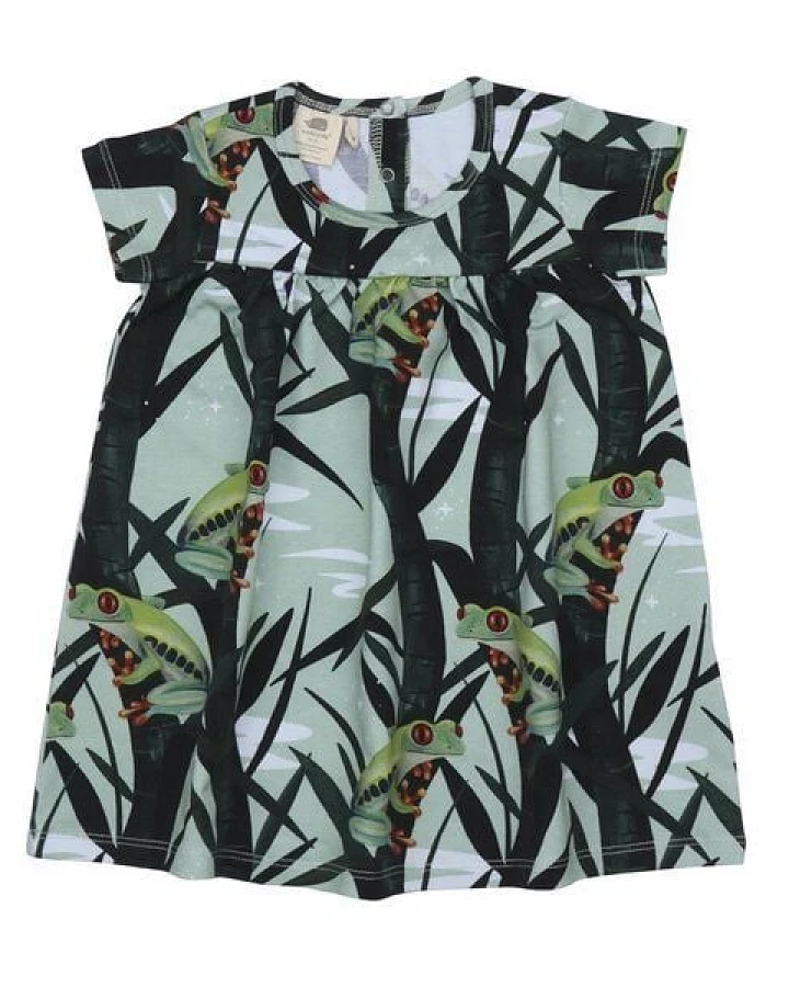 Kleinkinder Kleid GOTS zertifiziert, grün, Frosch-Allover, Kurzarm, weich – Walkiddy