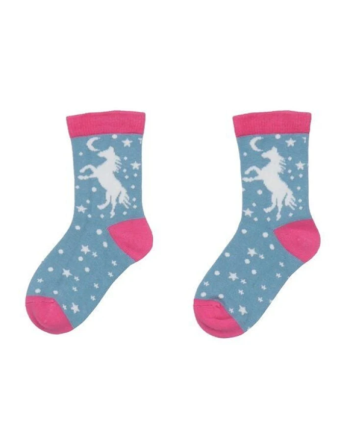 Baby Socken Bio-Baumwolle GOTS White Horses blau von Walkiddy – kuschelweiche, rutschfeste, nachhaltige Kindersocken für jeden Tag und sensible Haut – ideal für kleine Pferdefans
