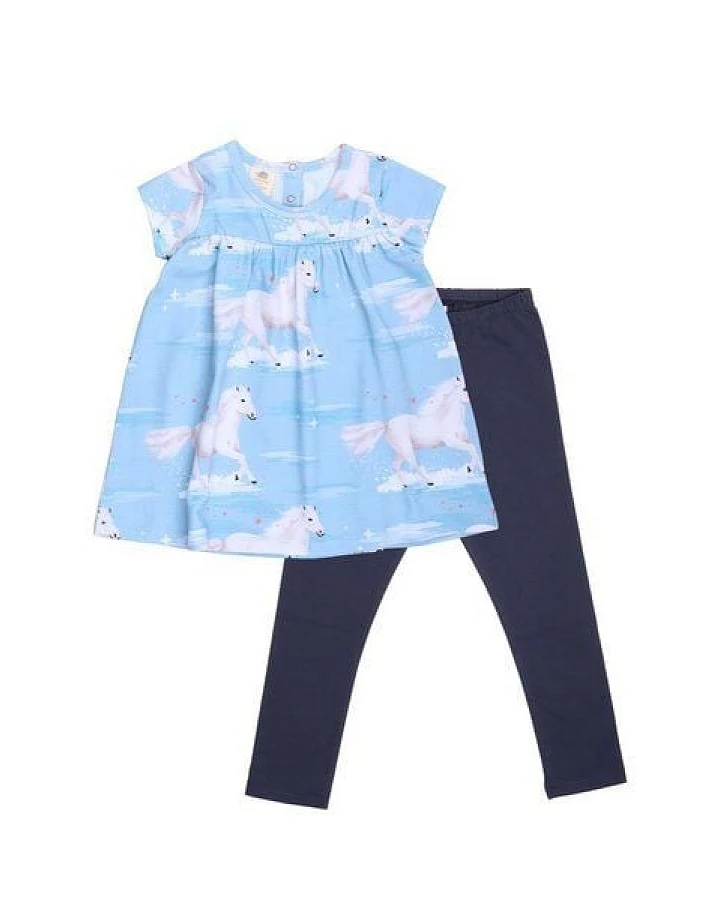 Baby Kleid Set GOTS zertifiziert, 95% Bio-Baumwolle, hellblau, Pferde-Muster „White Horses“, Kurzarm + Leggings – Walkiddy