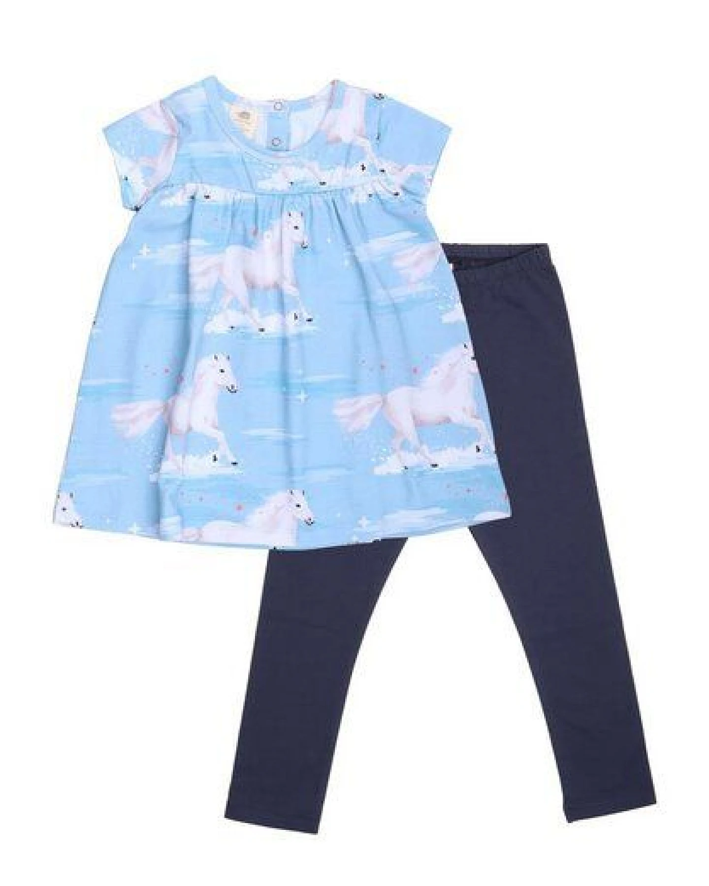 Baby Kleid Set GOTS zertifiziert, 95% Bio-Baumwolle, hellblau, Pferde-Muster „White Horses“, Kurzarm + Leggings – Walkiddy – Ansicht 2