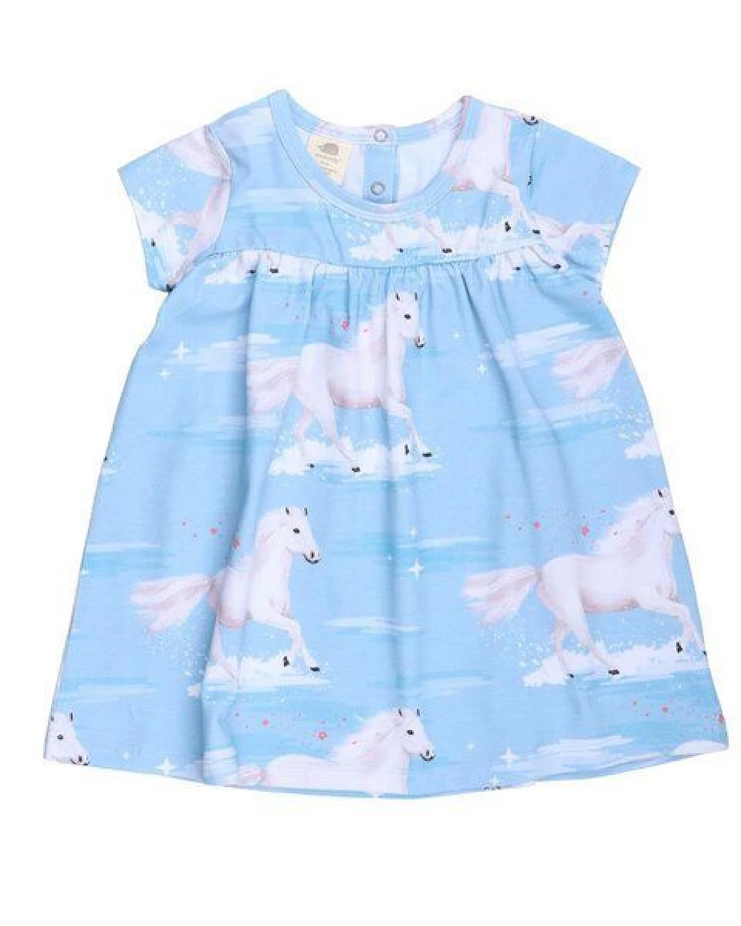 Baby Kleid Set GOTS zertifiziert, 95% Bio-Baumwolle, hellblau, Pferde-Muster „White Horses“, Kurzarm + Leggings – Walkiddy – Ansicht 3
