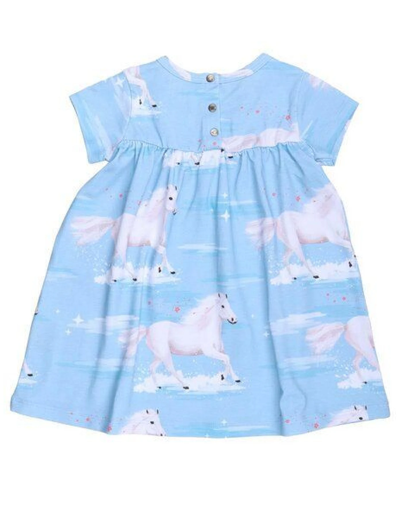 Baby Kleid Set GOTS zertifiziert, 95% Bio-Baumwolle, hellblau, Pferde-Muster „White Horses“, Kurzarm + Leggings – Walkiddy – Ansicht 4