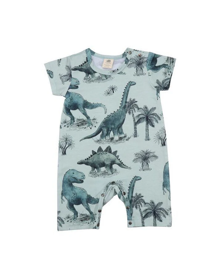 Baby Kurzarm-Strampler GOTS zertifiziert – Grün mit Dinosauriermotiv, weich & bequem