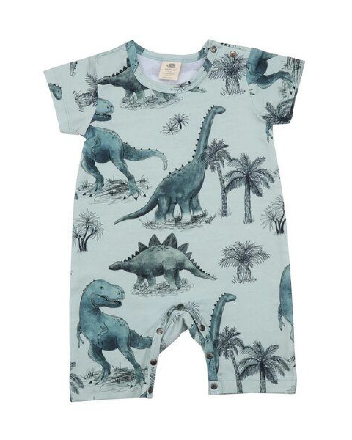 Baby Kurzarm-Strampler GOTS zertifiziert – Grün mit Dinosauriermotiv, weich & bequem – Ansicht 2