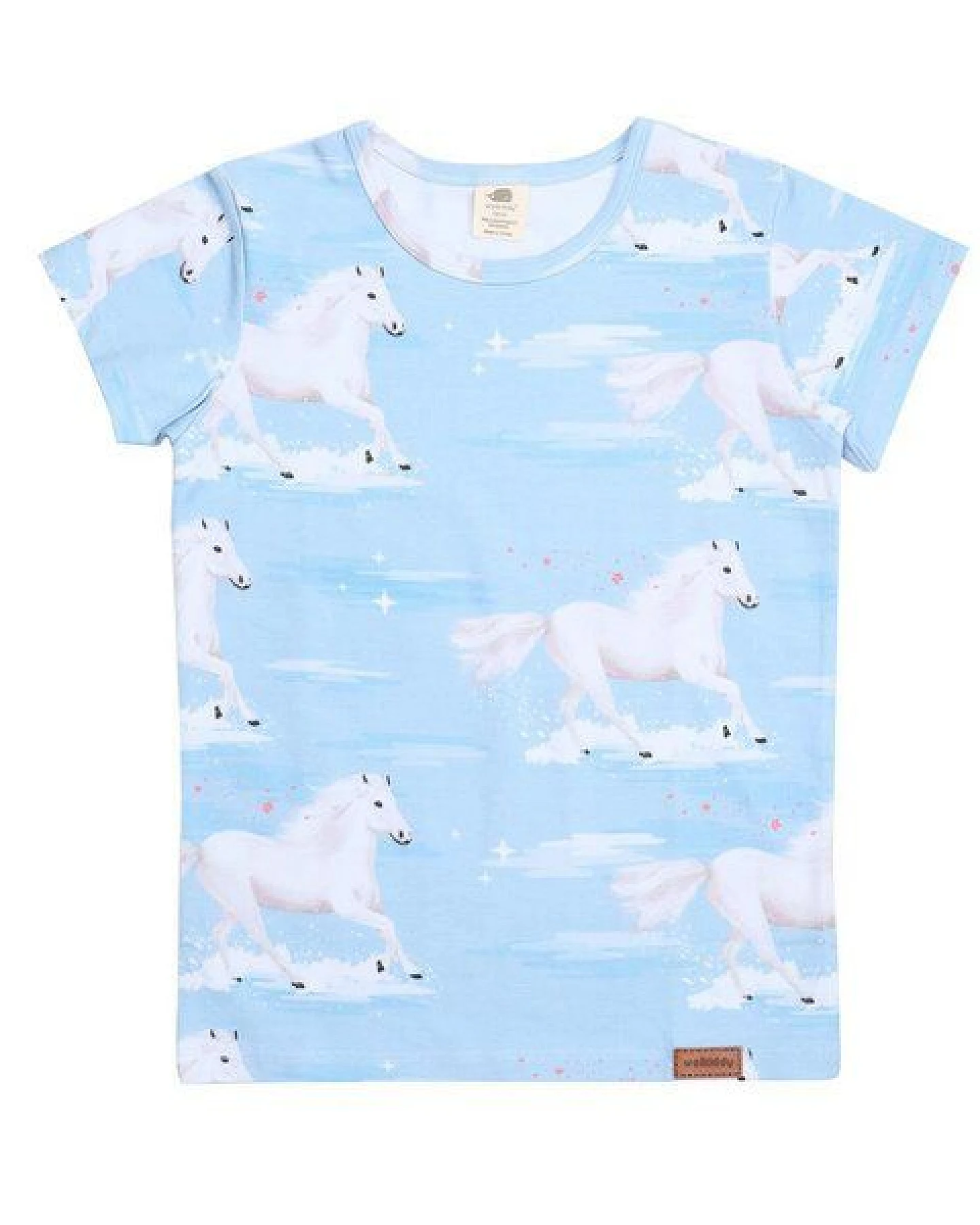 Kinder T-Shirt GOTS zertifiziert – 95% Bio-Baumwolle, Hellblau mit Pferdemotiv, Kurzarm, weich & bequem – Ansicht 2