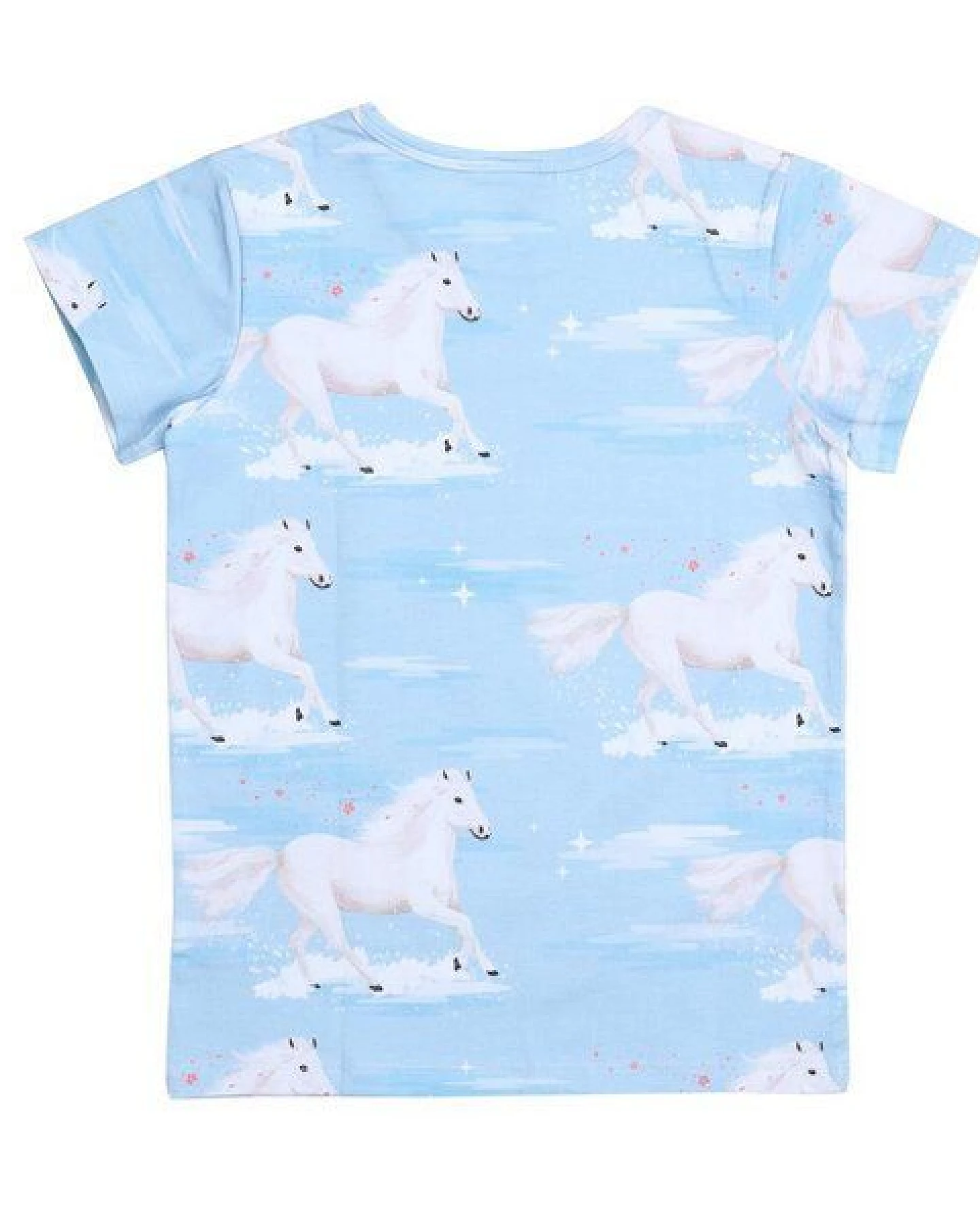 Kinder T-Shirt GOTS zertifiziert – 95% Bio-Baumwolle, Hellblau mit Pferdemotiv, Kurzarm, weich & bequem – Ansicht 3