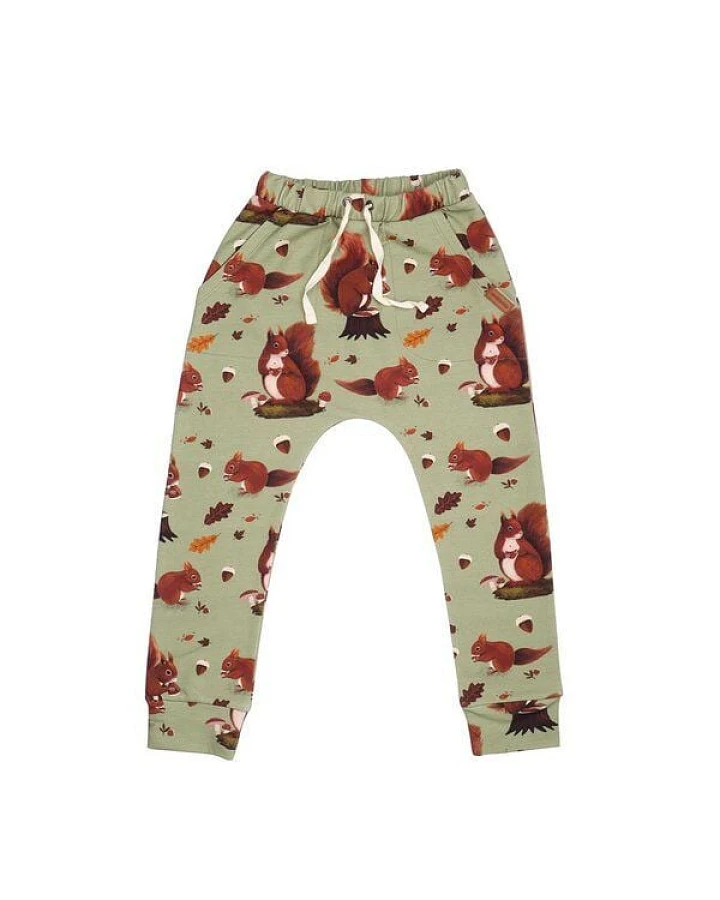Kinder Jogginghose GOTS zertifiziert Bio-Baumwolle 95/5 Elasthan Grün Allover-Print „Squirrel Family“ – Walkiddy