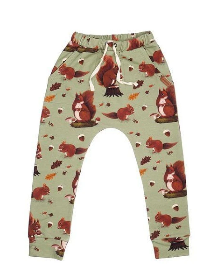 Kinder Jogginghose GOTS zertifiziert Bio-Baumwolle 95/5 Elasthan Grün Allover-Print „Squirrel Family“ – Walkiddy