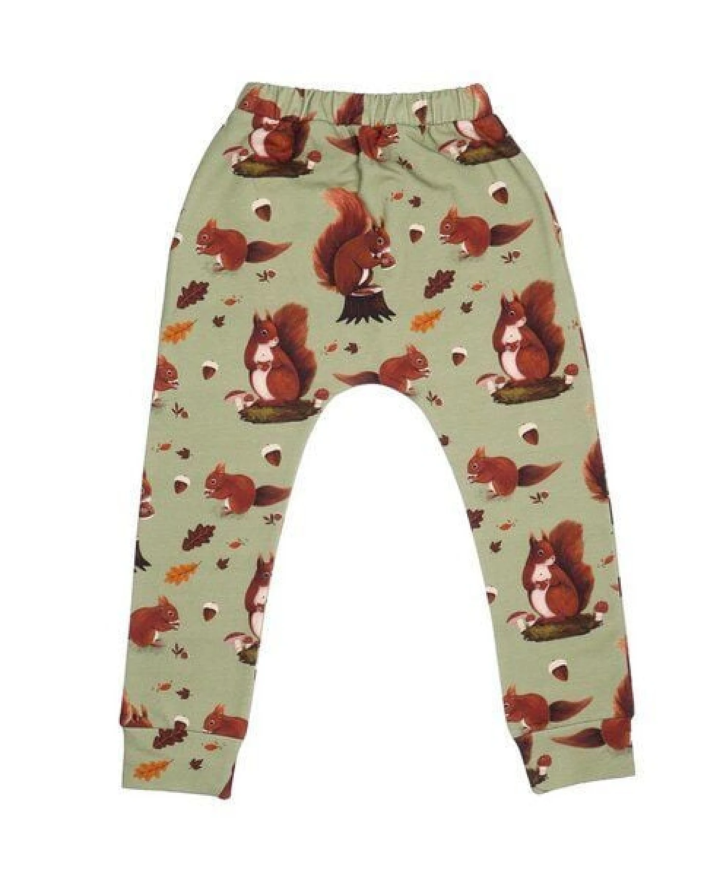 Kinder Jogginghose GOTS zertifiziert Bio-Baumwolle 95/5 Elasthan Grün Allover-Print „Squirrel Family“ – Walkiddy – Ansicht 3