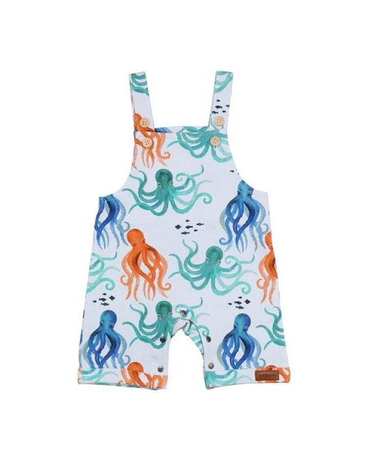 Baby Strampler Latzhose GOTS zertifiziert, 95% Bio-Baumwolle, weiß/orange, Oktopus-Muster, ärmellos – Walkiddy