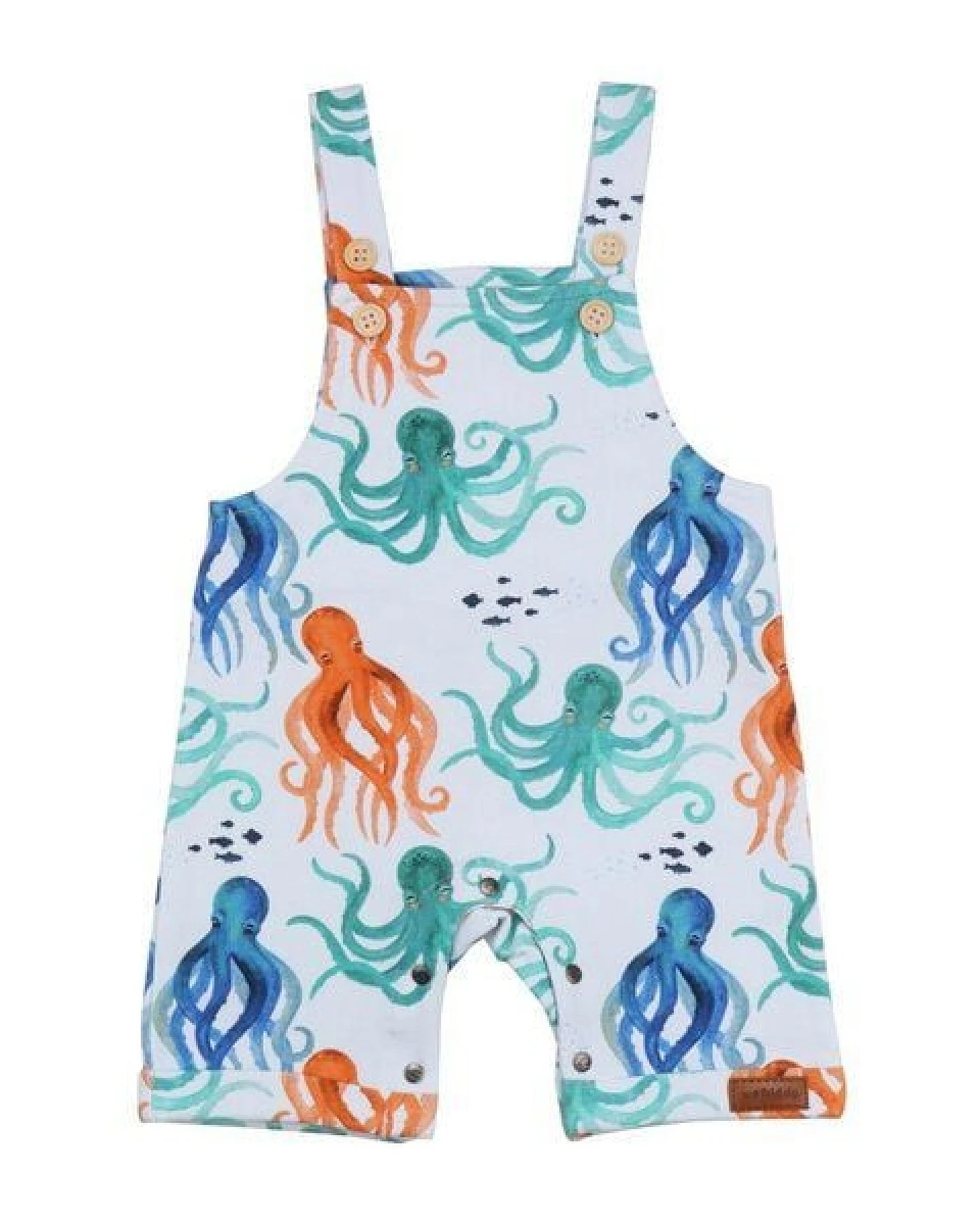 Baby Strampler Latzhose GOTS zertifiziert, 95% Bio-Baumwolle, weiß/orange, Oktopus-Muster, ärmellos – Walkiddy – Ansicht 2