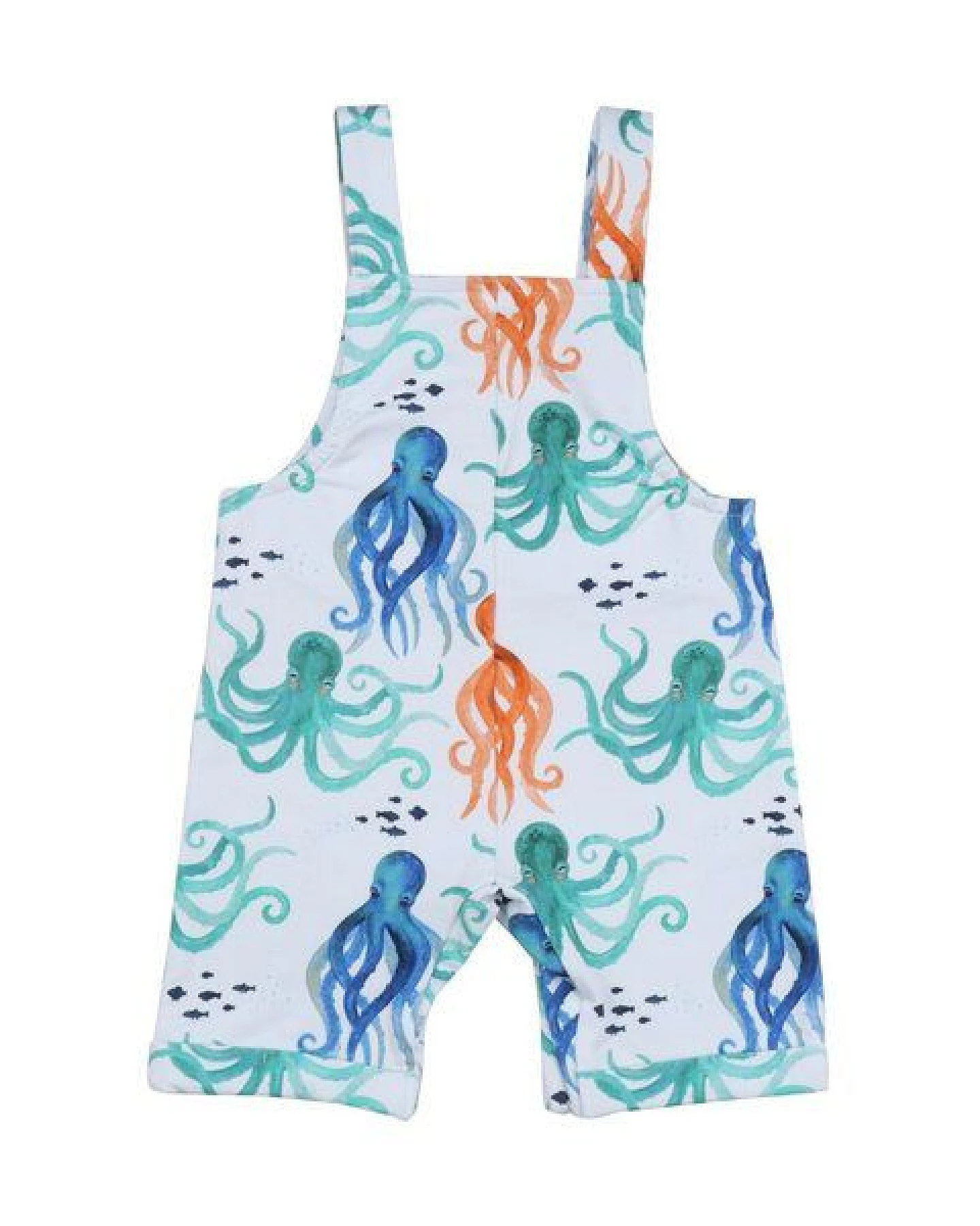 Baby Strampler Latzhose GOTS zertifiziert, 95% Bio-Baumwolle, weiß/orange, Oktopus-Muster, ärmellos – Walkiddy – Ansicht 3