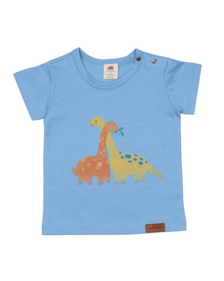 Baby T-Shirt Bio-Baumwolle Blau Dino - Walkiddy, 95% zertifiziert, Nachhaltigkeit, weich, atmungsaktiv, ethisch produziert, umweltfreundlich.