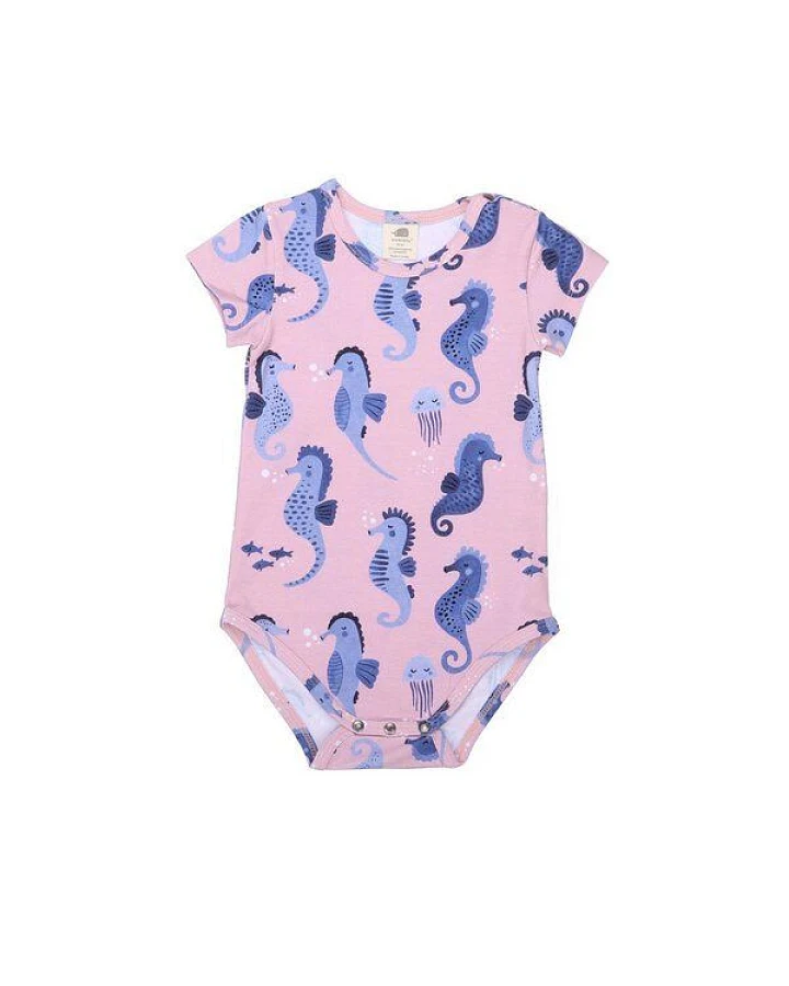 Baby Kurzarmbody GOTS zertifiziert Bio-Baumwolle Rosa Seepferdchen-Print Druckknöpfe – Walkiddy