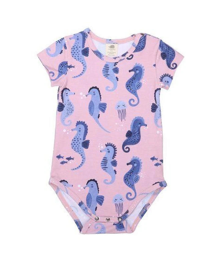 Baby Kurzarmbody GOTS zertifiziert Bio-Baumwolle Rosa Seepferdchen-Print Druckknöpfe – Walkiddy