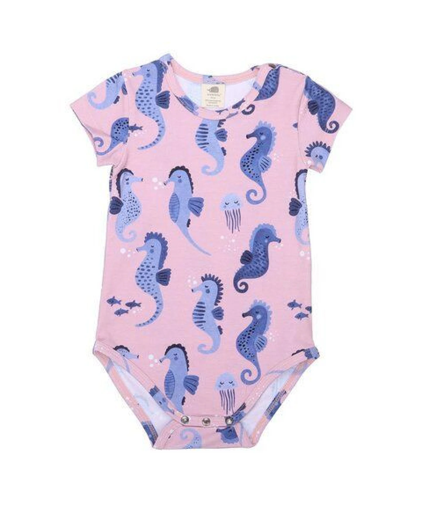 Baby Kurzarmbody GOTS zertifiziert Bio-Baumwolle Rosa Seepferdchen-Print Druckknöpfe – Walkiddy – Ansicht 2