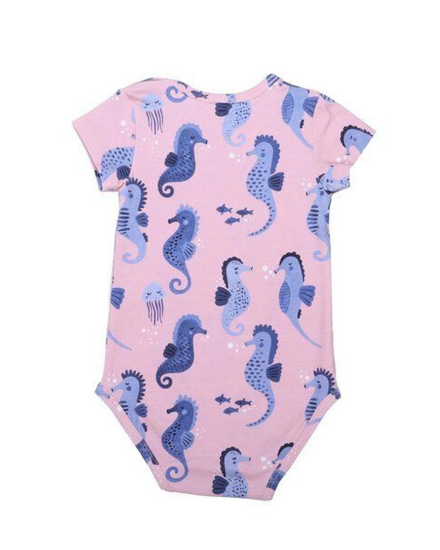 Baby Kurzarmbody GOTS zertifiziert Bio-Baumwolle Rosa Seepferdchen-Print Druckknöpfe – Walkiddy – Ansicht 3