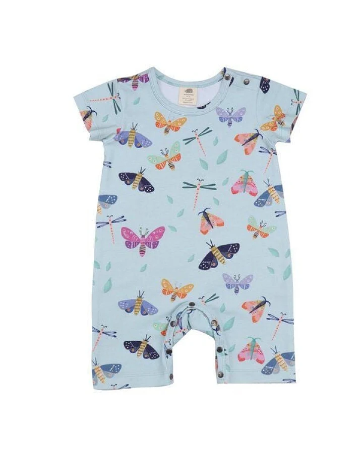 Baby Strampler Kurzarm GOTS zertifiziert Bio-Baumwolle Blau Schmetterling-Print Allover weich bequem – Walkiddy