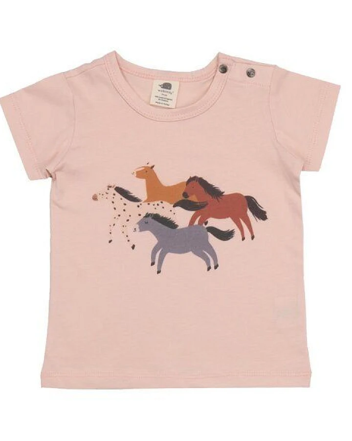 T-Shirt Altrosa Pferde-Frontprint Bio-Baumwolle GOTS – Walkiddy