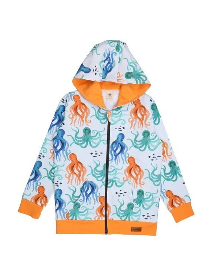 Kinder Kapuzenjacke GOTS zertifiziert, 95% Bio-Baumwolle, weiß/orange, Oktopus-Muster, Reißverschluss – Walkiddy