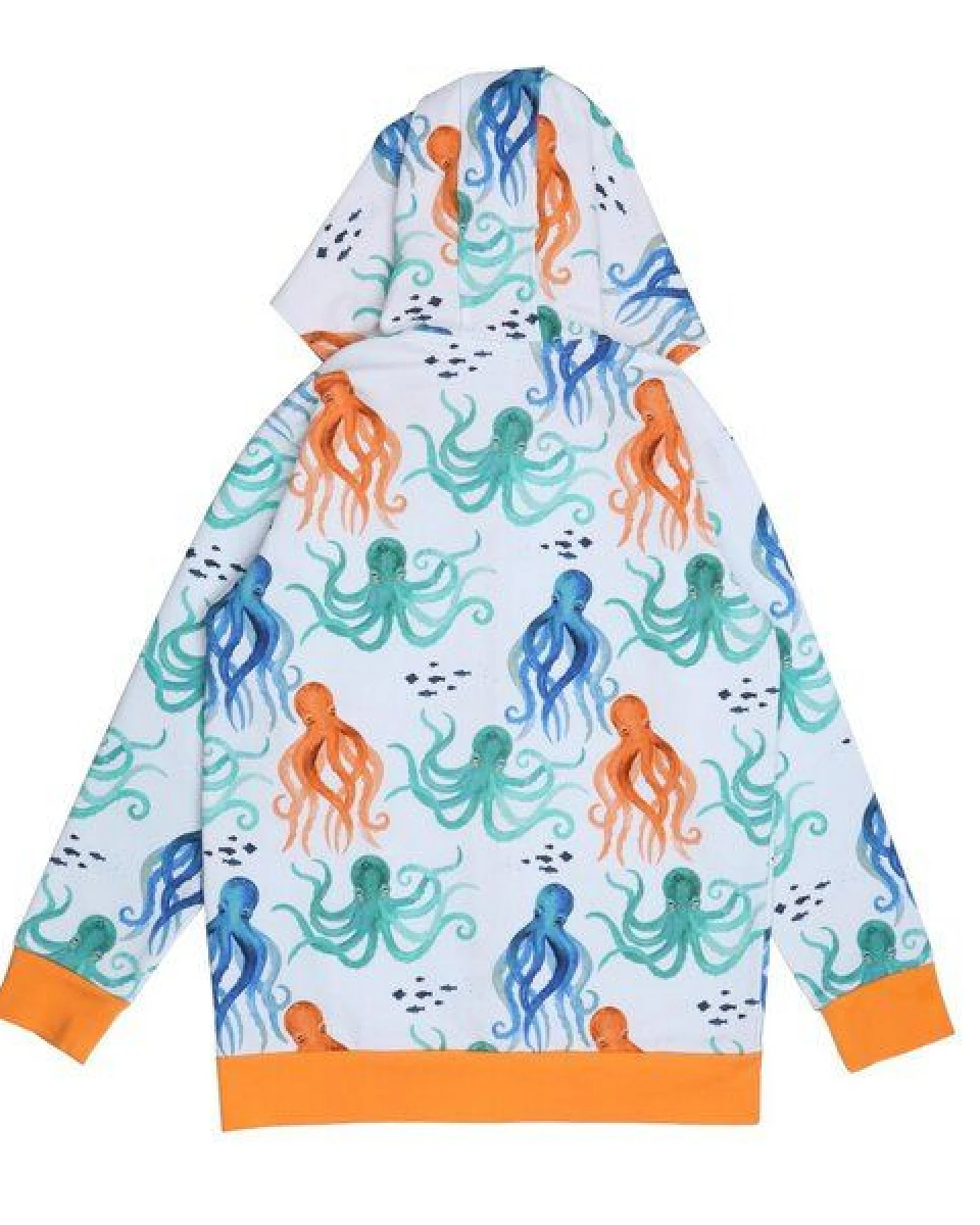 Kinder Kapuzenjacke GOTS zertifiziert, 95% Bio-Baumwolle, weiß/orange, Oktopus-Muster, Reißverschluss – Walkiddy – Ansicht 3