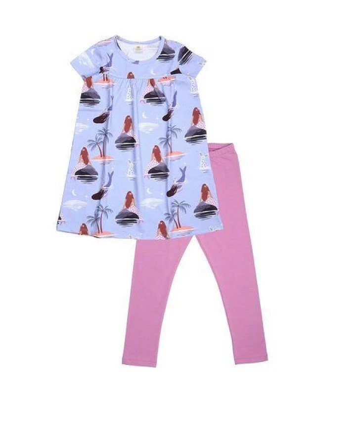 Baby Kleid Set GOTS zertifiziert, Bio-Baumwolle, lila, Meerjungfrau-Muster, Kurzarm + Leggings – Walkiddy