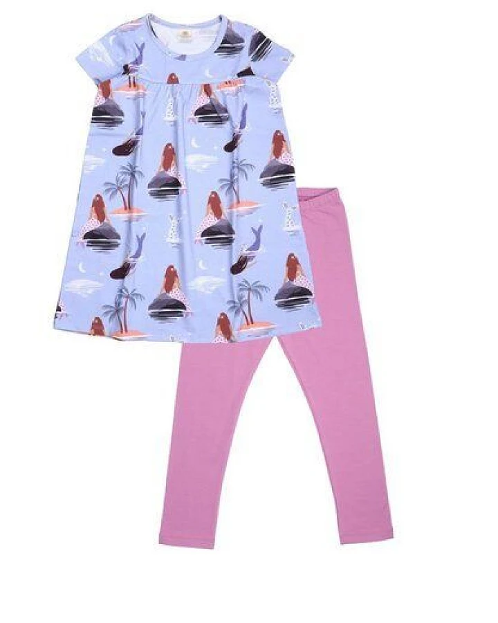 Baby Kleid Set GOTS zertifiziert, Bio-Baumwolle, lila, Meerjungfrau-Muster, Kurzarm + Leggings – Walkiddy