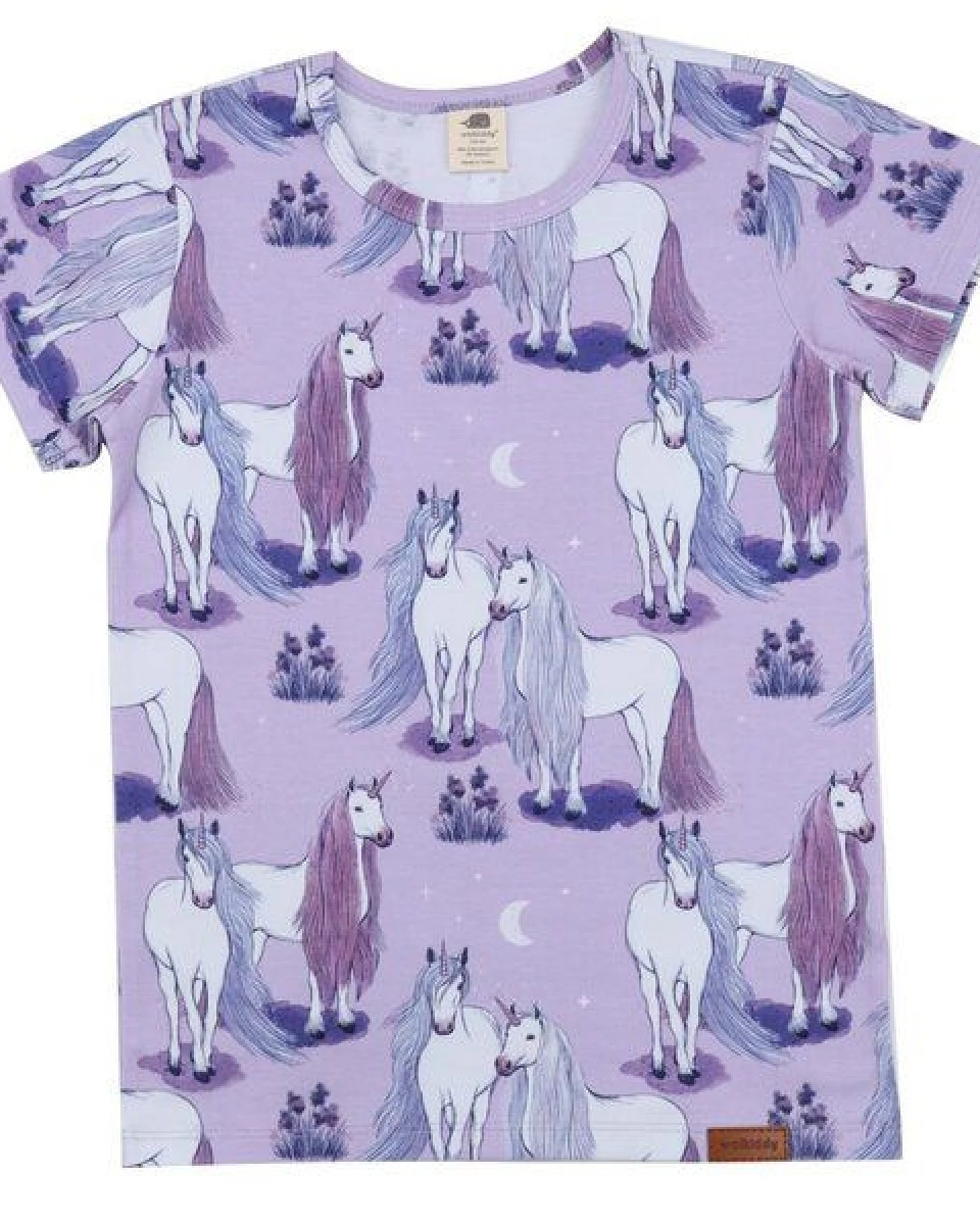 Kinder T-Shirt GOTS zertifiziert Bio-Baumwolle Lila Einhorn-Print „Unicornland“ 95/5 Elasthan Kurzarm – Walkiddy – Ansicht 2