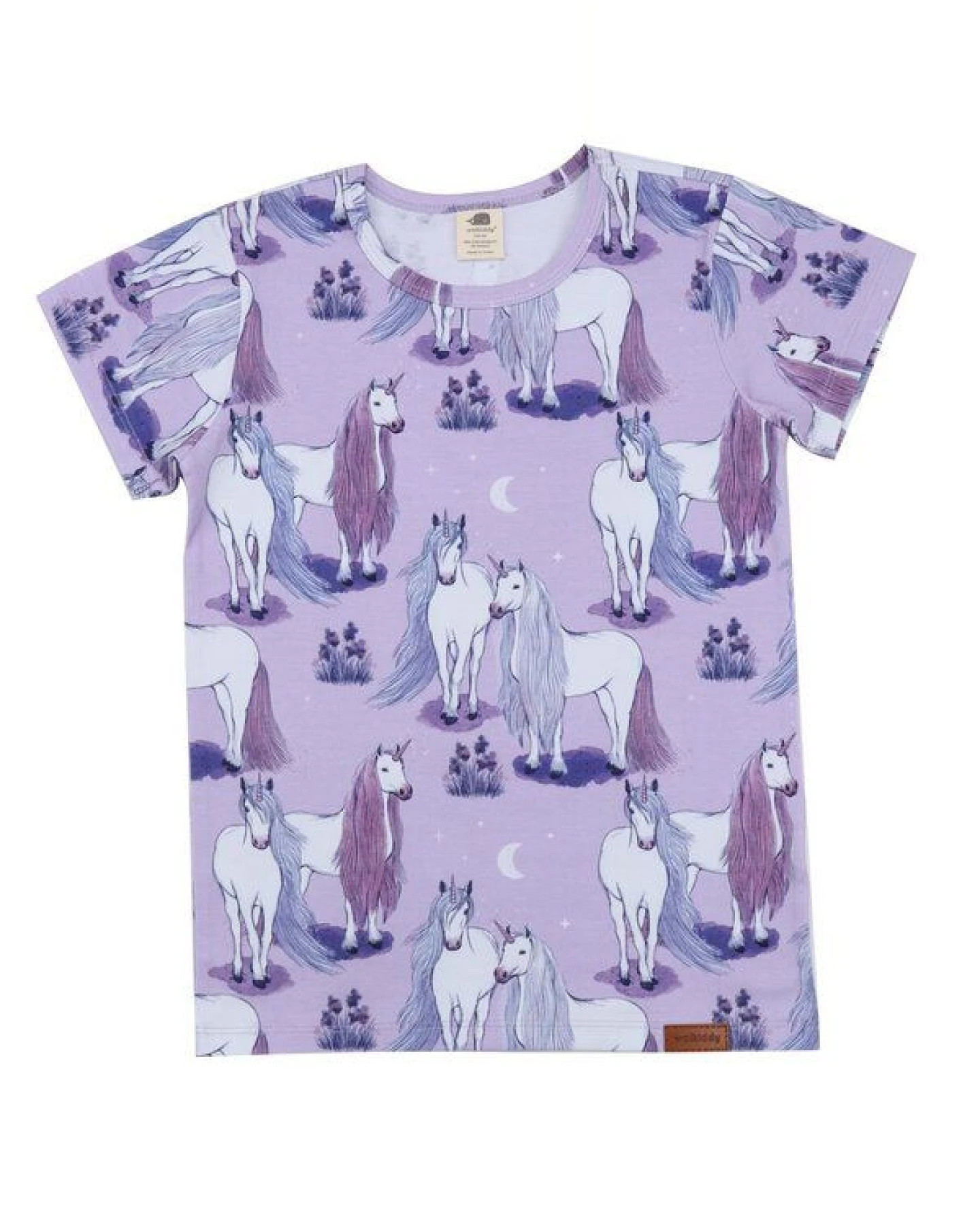 Kinder T-Shirt GOTS zertifiziert Bio-Baumwolle Lila Einhorn-Print „Unicornland“ 95/5 Elasthan Kurzarm – Walkiddy – Ansicht 2