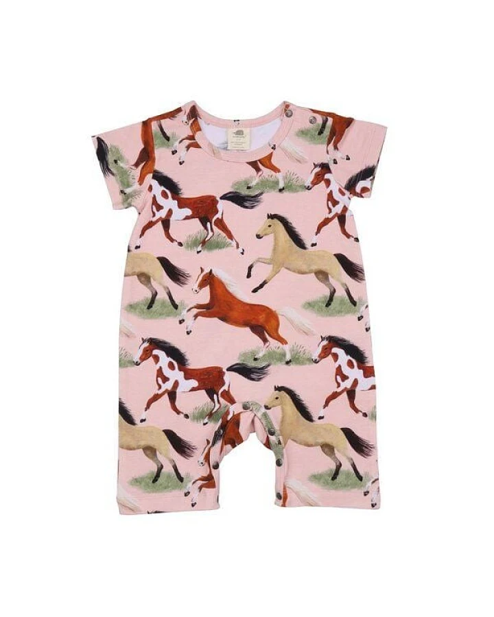 Baby Strampler GOTS zertifiziert, Bio-Baumwolle, rosa, Pferde-Muster, Kurzarm, weich & bequem – Walkiddy