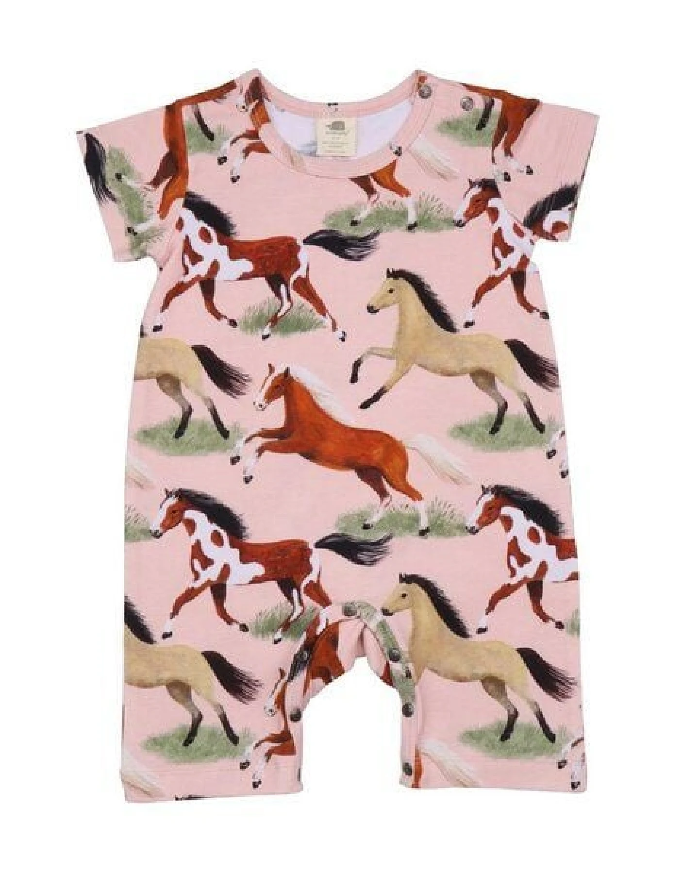 Baby Strampler GOTS zertifiziert, Bio-Baumwolle, rosa, Pferde-Muster, Kurzarm, weich & bequem – Walkiddy – Ansicht 2