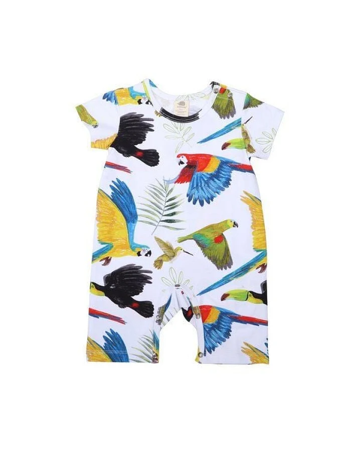Baby Strampler GOTS zertifiziert, Bio-Baumwolle, weiß/blau, Regenwaldvogel-Muster, Kurzarm, weich – Walkiddy