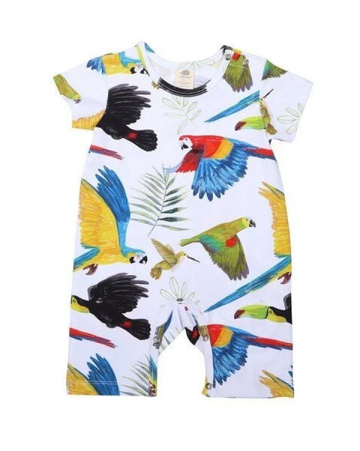 Baby Strampler GOTS zertifiziert, Bio-Baumwolle, weiß/blau, Regenwaldvogel-Muster, Kurzarm, weich – Walkiddy