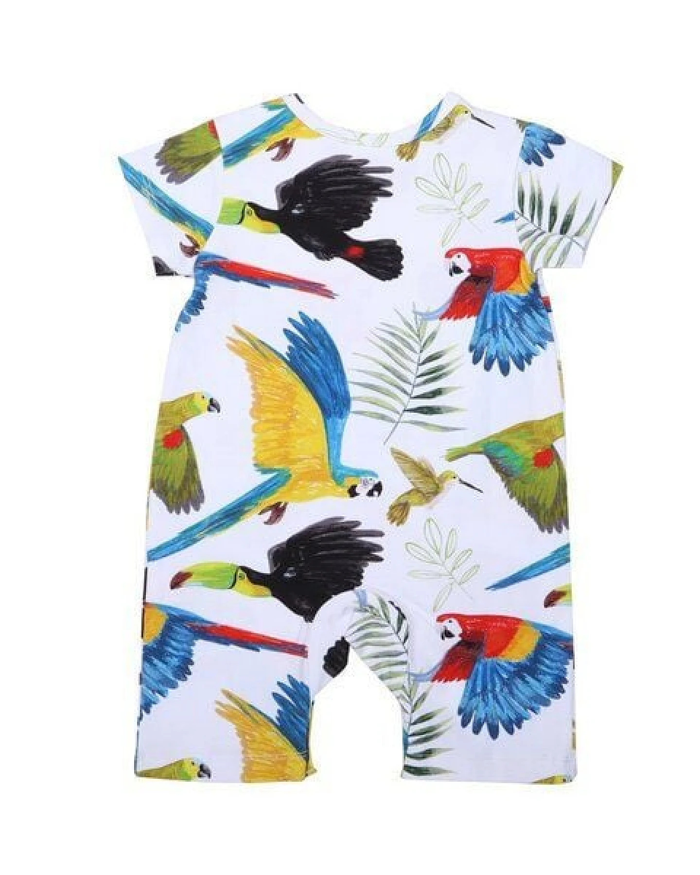 Baby Strampler GOTS zertifiziert, Bio-Baumwolle, weiß/blau, Regenwaldvogel-Muster, Kurzarm, weich – Walkiddy – Ansicht 3