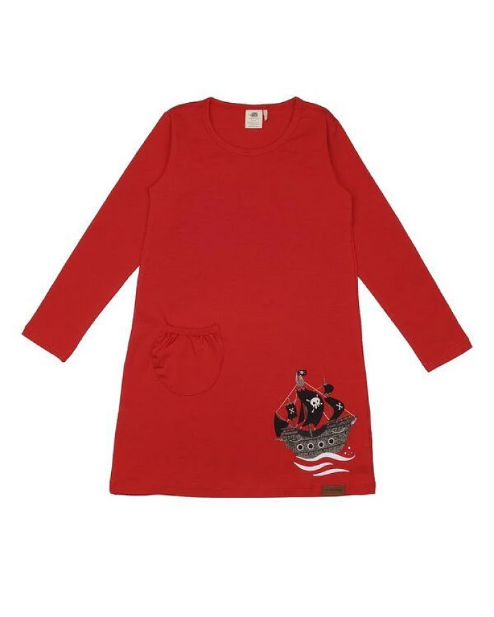 Kinder Tunika GOTS zertifiziert, rot, „Pirate Ships“ Motiv, Langarm, Bio-Baumwolle, weich – Walkiddy