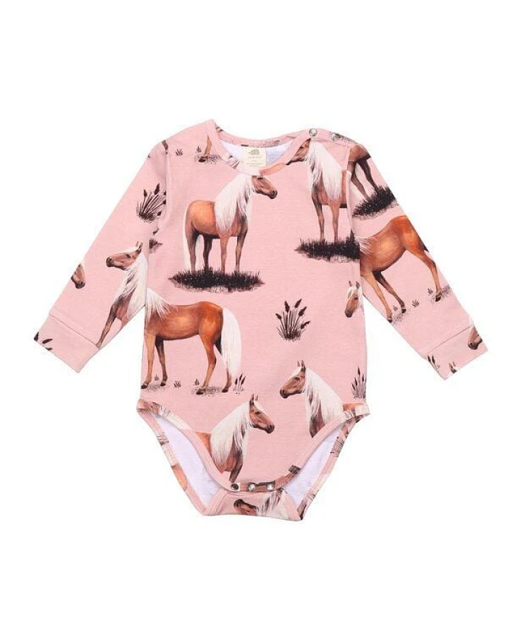 Walkiddy Langarm Body - Beauty Horses Rosa - Nachhaltige, Allergiefreundliche Kinderbekleidung – GOTS zertifiziert