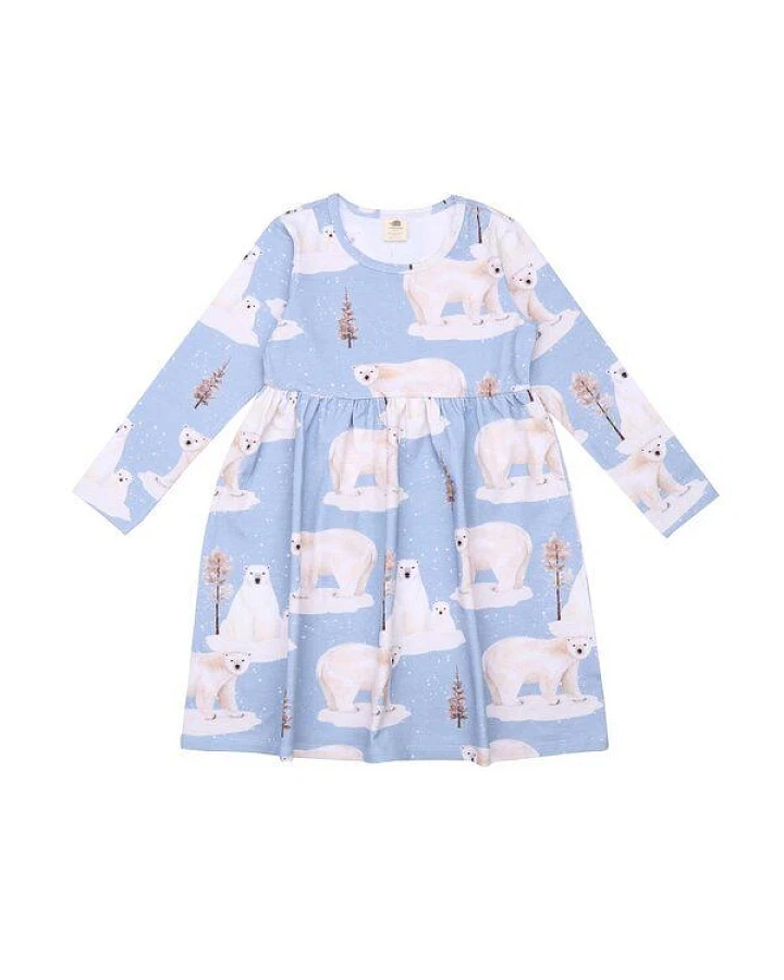 Kinder Langarmkleid GOTS zertifiziert, blau, Eisbär-Allover „Polar Bear Family“, weich – Walkiddy