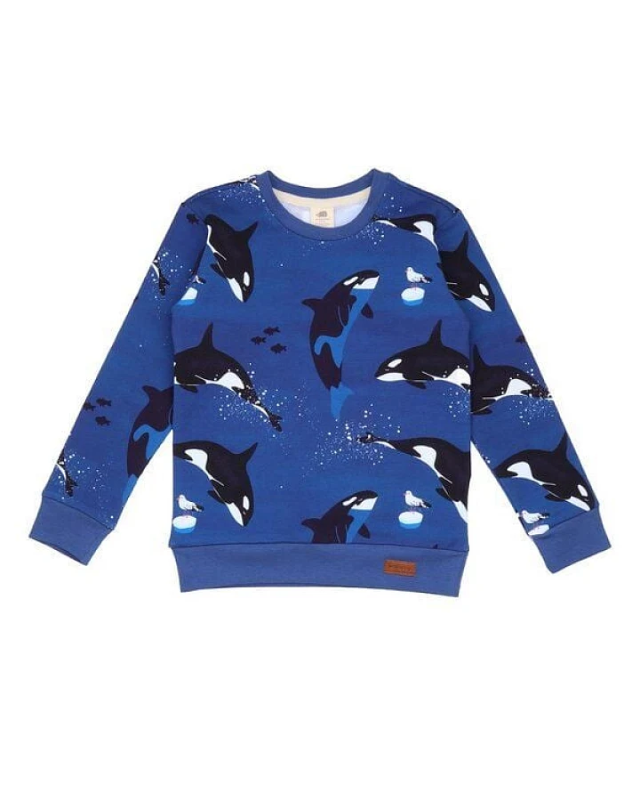 Kinder Sweatshirt GOTS zertifiziert, dunkelblau, Orca-Allover, Bio-Baumwolle, weich – Walkiddy