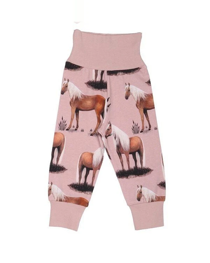 Baby Krabbelhose GOTS zertifiziert – Rosa mit Pferdemotiven, weich & bequem
