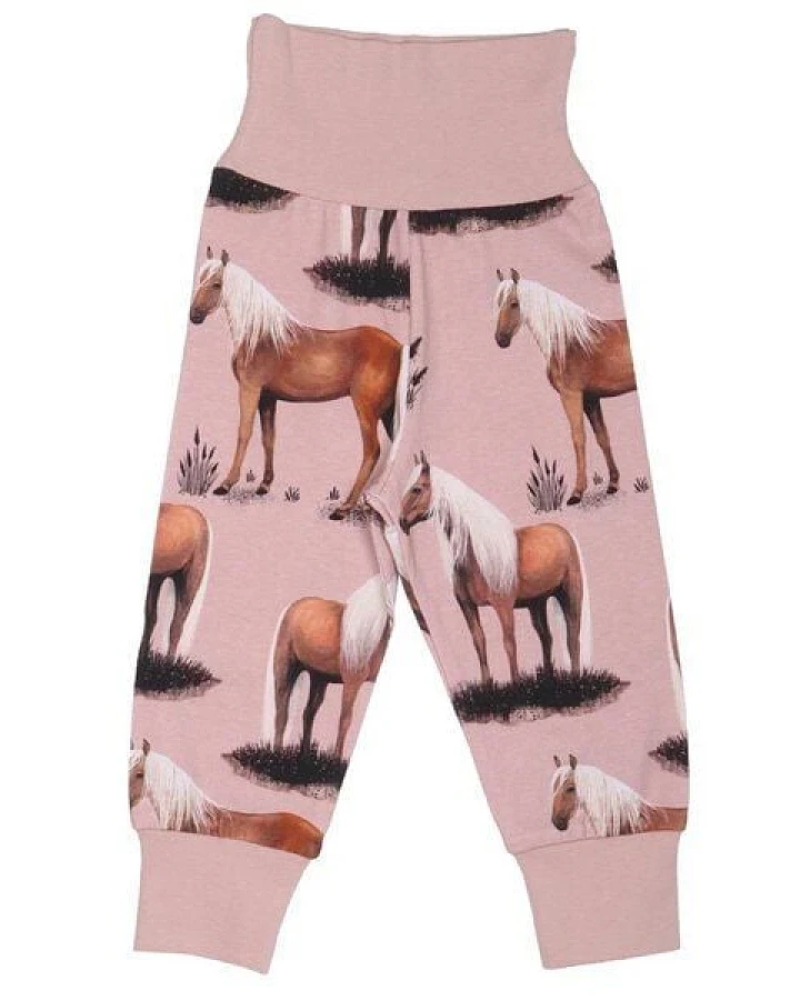 Baby Krabbelhose GOTS zertifiziert – Rosa mit Pferdemotiven, weich & bequem