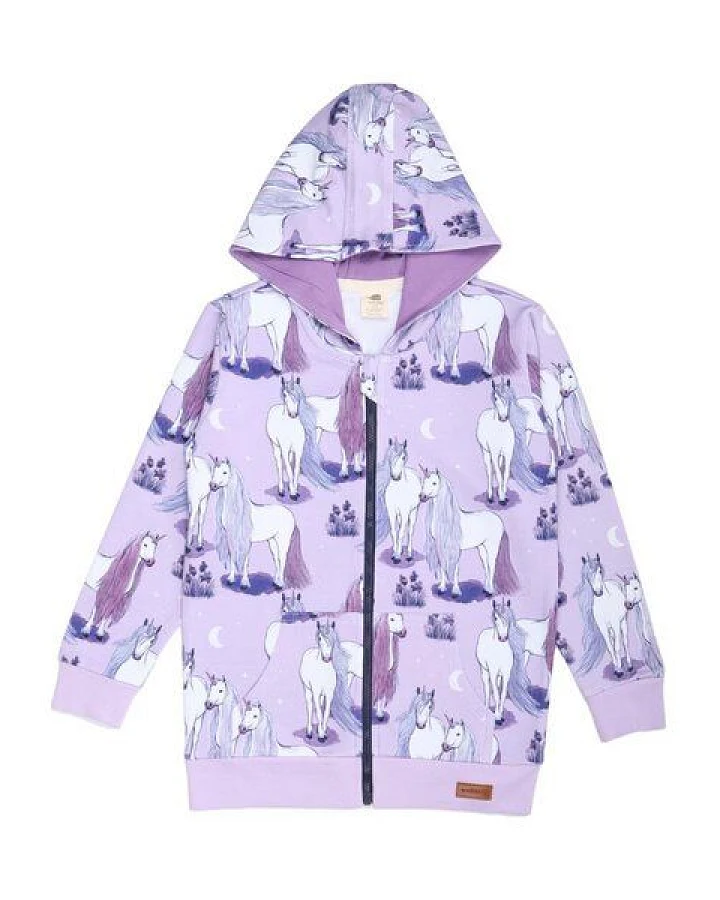 Kinder Sweatjacke GOTS zertifiziert Bio-Baumwolle, Lila, Einhorn-Muster, Walkiddy