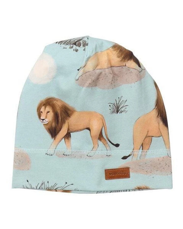 Kinder Beanie „Lion Friends“ GOTS-zertifiziert aus Bio-Baumwolle mintgrün mit Löwenmotiv – Walkiddy