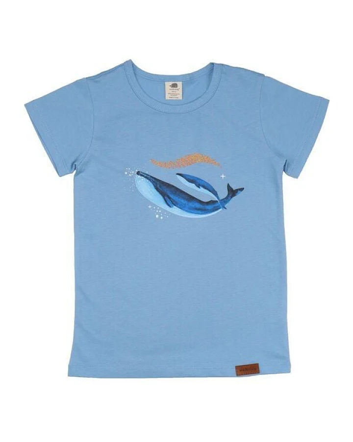 Kinder T-Shirt GOTS zertifiziert Bio-Baumwolle Hellblau Wal-Motiv „Whaley’s Song“ Kurzarm weich – Walkiddy