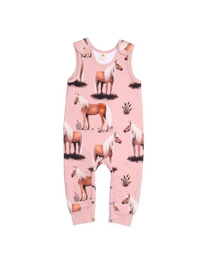 Baby Strampler GOTS zertifiziert Bio-Baumwolle Rosa Pferde-Print langarm – Walkiddy