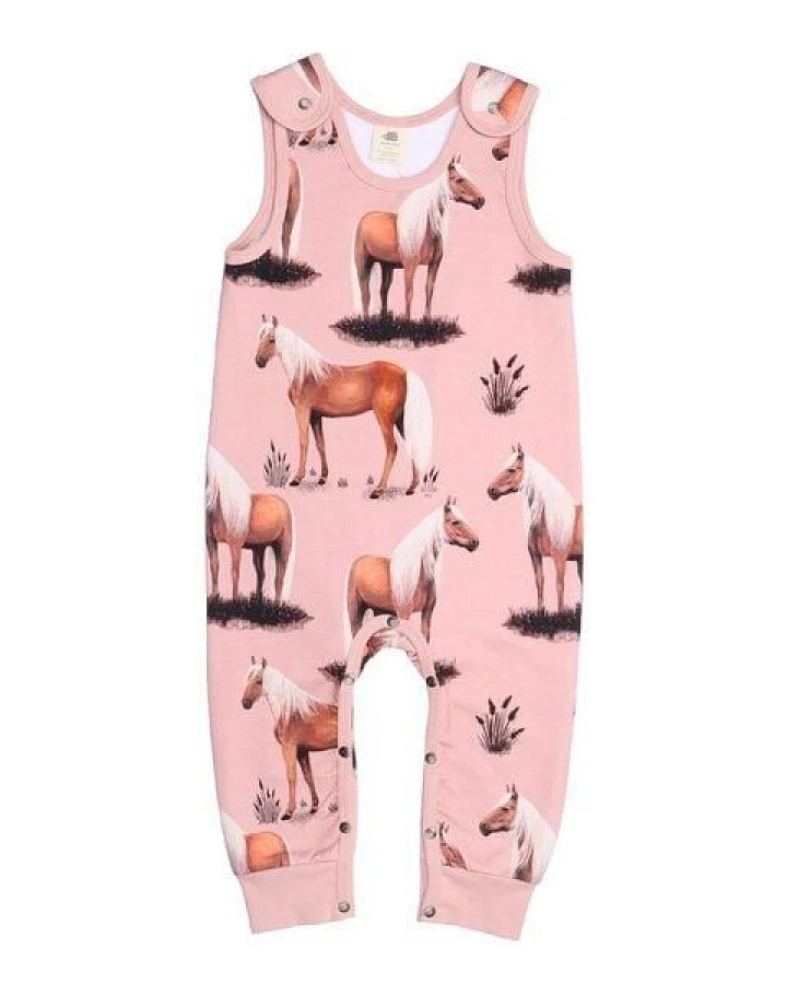 Baby Strampler GOTS zertifiziert Bio-Baumwolle Rosa Pferde-Print langarm – Walkiddy