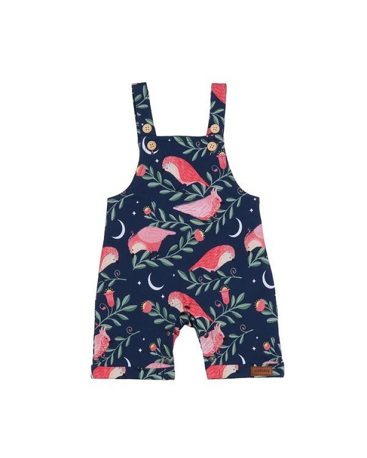 Baby Latzstrampler GOTS zertifiziert, dunkelblau, Vogel-Allover „Pinky Birds“, weich – Walkiddy