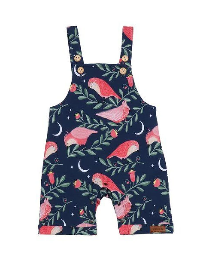 Latzstrampler Dunkelblau Rosa Vögel-Allover Bio-Baumwolle GOTS – Walkiddy