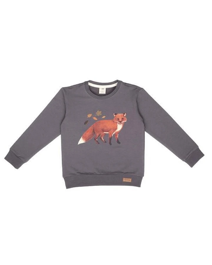 Kinder Sweatshirt GOTS zertifiziert – Anthrazit mit Fuchsmotiv, weich & bequem